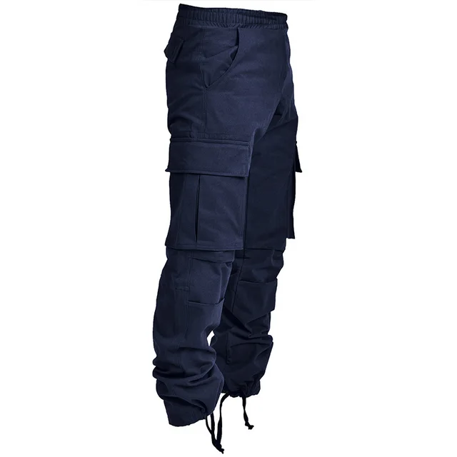 Men Solid Casual Pants Multi-Pocket Army Full Length Trousers Male Military Tactical Cargo Pants Elastic Waist Men’s Trousers Navy
