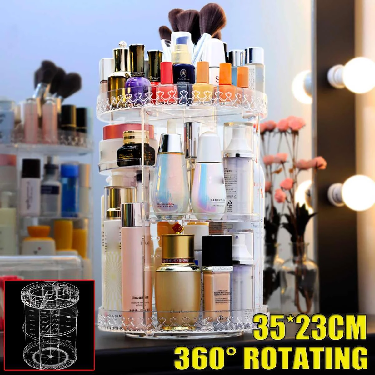 Acrylic 360 Degree Rotation Transparent Cosmetics Storage Box Fashion Spin Multi-function Detachable Makeup Beauty Organizer