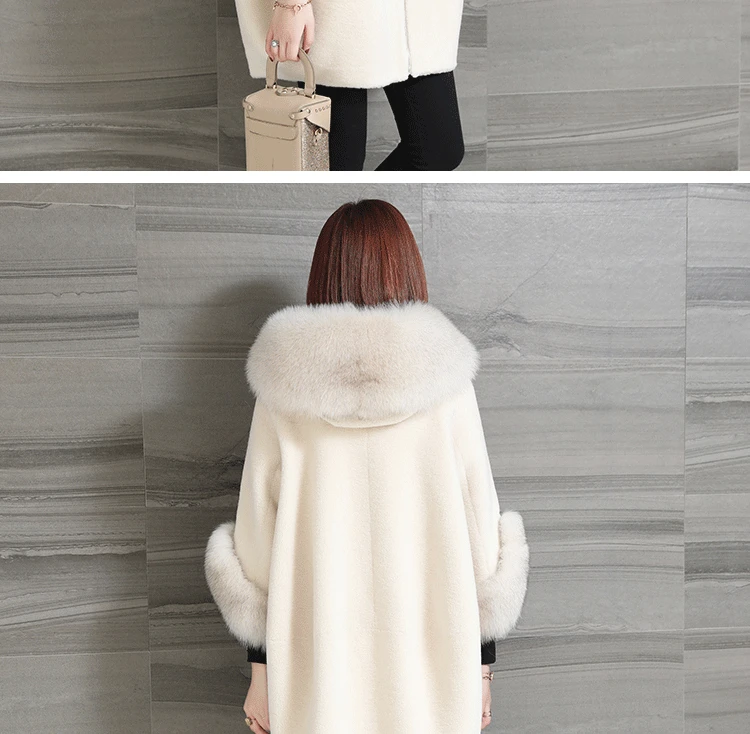 AYUNSUE Новое Женское пальто из натурального меха, Зимняя шерстяная куртка для стрижки овец, воротник из лисьего меха с капюшоном, белые корейские женские пальто KJ3547