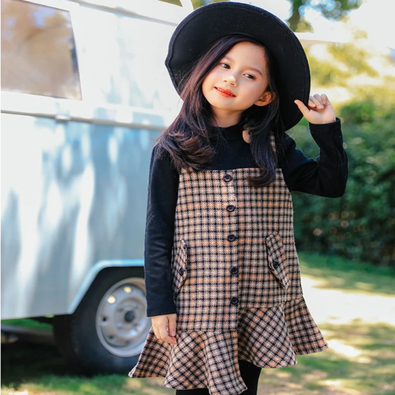 

Girls Plaid Dress Autumn Winter Elegant Kids Clothing 4 5 6 8 10 years Patchwork Fake Two Pieces Ruffle Trumpet Dress