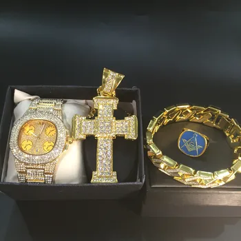 

Luxury Men Watch Hip Hop Gold Necklace Men Watch + Necklace + Bracelet + Ring Men Golden Ice Out Cuban Combo Set Jewelry For Men