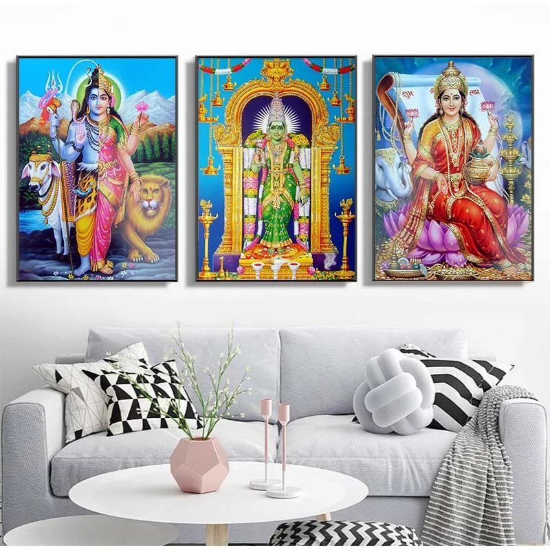 

Shiva Parvati Ganesha Indian Art Hindu God Figure Canvas Painting Religious Poster and Print Wall Picture for Living Room Decor
