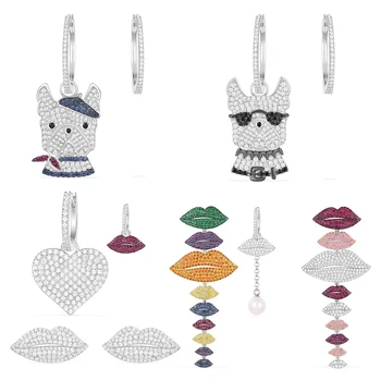 

2020 New High Quality Original Dream Colorful Zircon Asymmetric Lips Dog Heart Earrings Female Fashion Charm Party Jewelry Gift