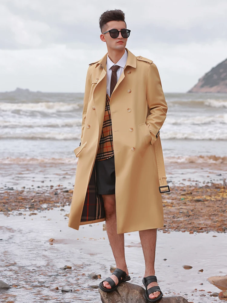 Windbreaker men's long knee length double row buckle honey yellow autumn and winter new rainproof thickened wool liner British c