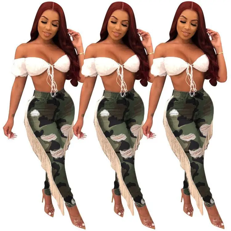

Latest Fashion Green Camouflage Women Pencil Jeans with Tassel Holes Sassy High Waist Skinny Pants Full Length Autumn Winter
