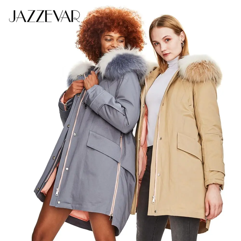 JAZZEVAR 2019 Куртка зима новый стиль сафари женский повседневный пуховик енот меховой