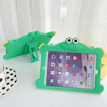 

Shockproof Kids Cartoon crocodile Soft Silicone Case For Ipad 6 Air 2 Pro 9.7 inch Stand Tablet protect Cover Coque+Straps+pen