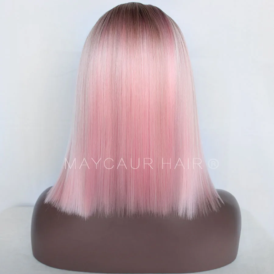 Brown Roots Pink White Ombre Color Short Bob Synthetic Lace Front Wigs For Women Middle Part Lace Wigs with Natural Hairline (5)