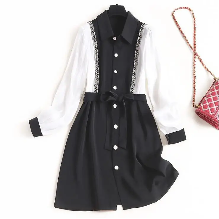 

New European and American women's dresses for spring 2020 Long sleeve contrast color single-breasted lace-up Fashion dress