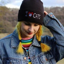 Мультфильм шапка CAT шляпа Для женщин Зимняя вязаная Кепки для женские носки для девочек в стиле «хип-хоп» головные уборы Skullies Beanies с надписью «I LOVE с вышитым котом теплые Шапки