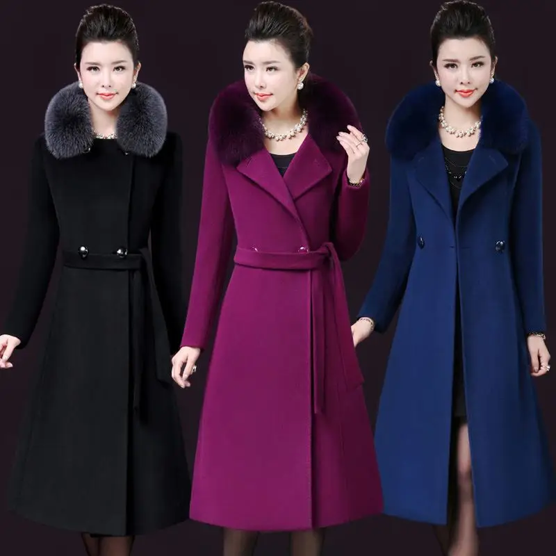 New Slim Women outerwear winter clothing fashion warm woolen blends coat female Belt elegant Double Breasted woolen coat