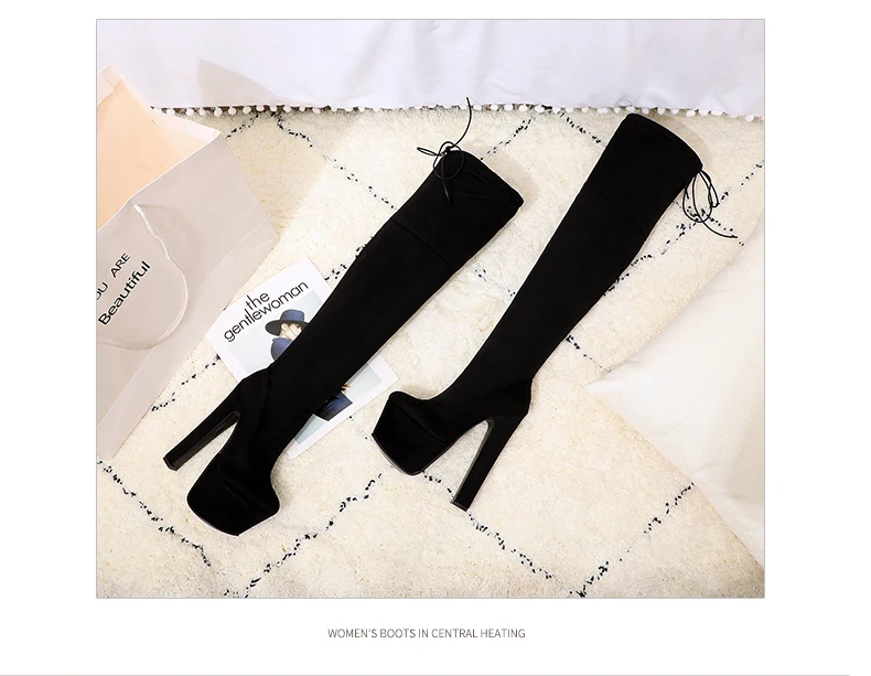 Oversized Ultra-High Thick-Heeled Patent Leather Women's Over-The-Knee Boots Waterproof Platform Flock Long-Tube Elastic Boots