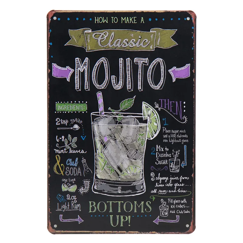 Mojito мартини Коктейльные вывески Стиль Бар Паб до ретро-наклейки металлическая пластина плакат живопись винтажная жестяная вывеска Tintin домашний декор H34 - Цвет: D