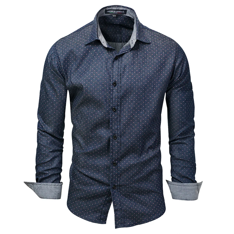 Весенняя и Осенняя мужская новая рубашка в горошек большого размера Мужская джинсовая рубашка с длинным рукавом Повседневная деловая рубашка