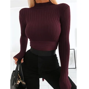 

Women Warm Knitted Sweater Turtleneck Pullover Top Slim Fit Long Sleeve Lace Up Sweater Winter Womens Short Sweaters