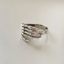 

Resizable 925 Sterling Silver Ring Trend Punk Rock Vintage Creative Skeleton Hand Loop Party Jewelry for Women Gift finger ring