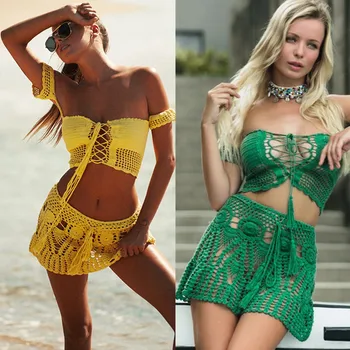 

2020 Hand Crochet Florens Skirt Women Swimwear Sexy Beach Bikini cover up Skirt Boho Style elastic waistband tassels