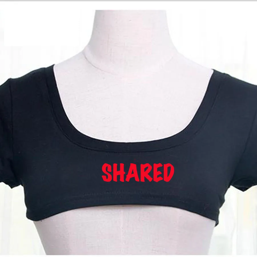 Черный отрезать футболка микро Топ укороченный женщина сексуальная пиковая королева рабыня slut БДСМ TH88 - Цвет: SHARED