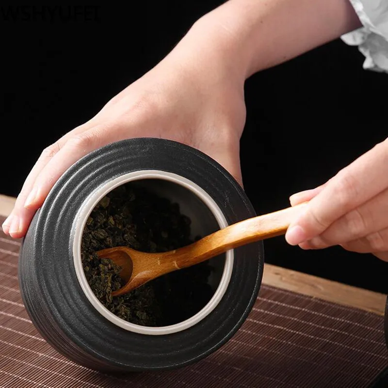 Large capacity black pottery tea can Portable Sealed Jar travel Tea Caddy Storage Spice Tea Boxes Candy storage tank Home Decor