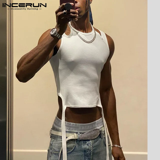 Fashion Men Tank Tops Solid Color Sleeveless Streetwear Sexy Hollow Out Casual Vests 2021 Irregular Waistcoats