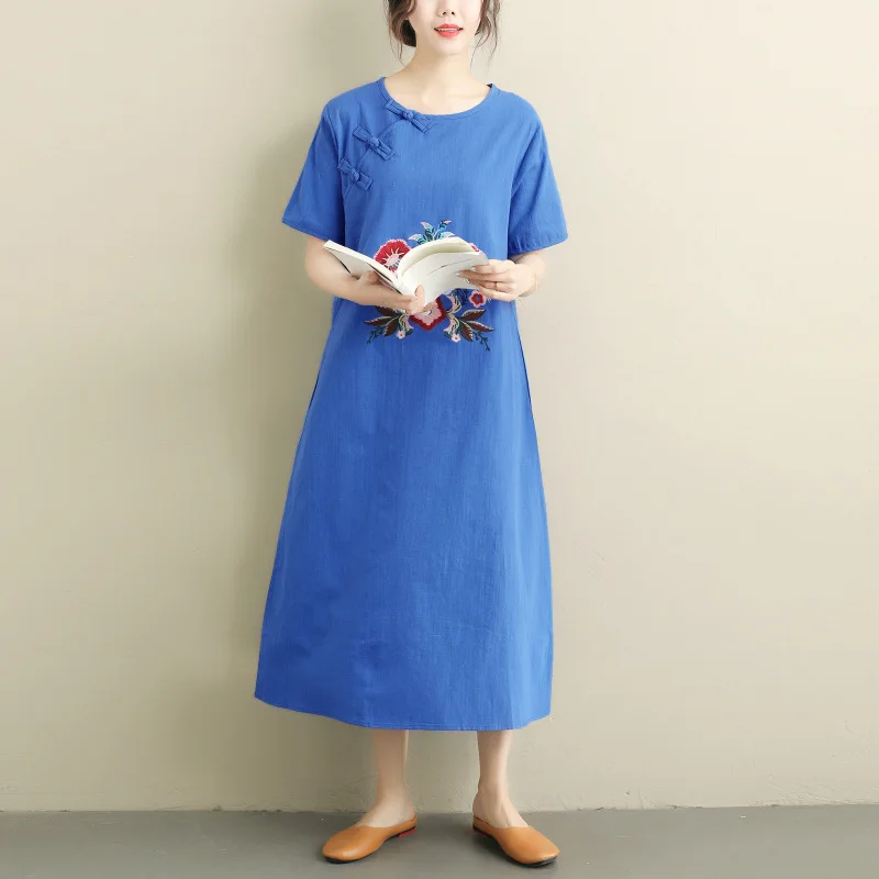 

Photo Shoot New Style Dress 2019 Summer Style Retro Literature And Art Frog Slimming Embroidery Elegant Short Sleeve