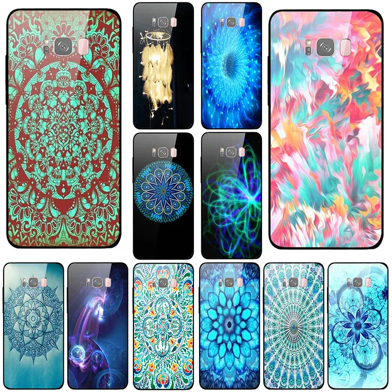 Tempered Glass Phone Cases Cover for Samsung Galaxy A6 A8 A8S A9S S8 S9 S10 Plus Lite Bags Turquoise Mandala x Lace Wood | Мобильные
