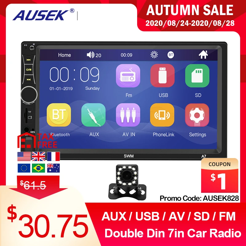 

AUSEK 2 Din Car Radio 7" Touch Screen Auto Radio Bluetooth Multimedia MP5 Player USB TF FM 2din Autoradio Car Backup Monitor