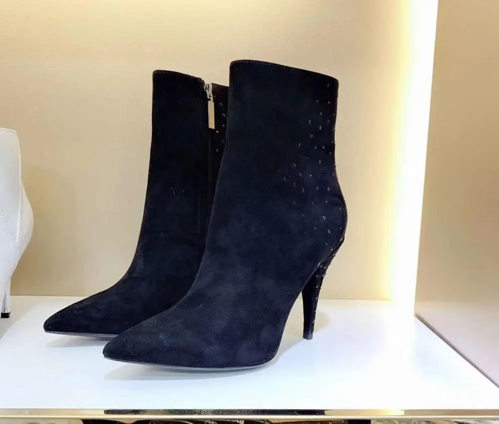 Real Leather Ankle Boots Woman Pointed Toe Mixed Color Crystal High Heel Boots Women Fashion Short Boots