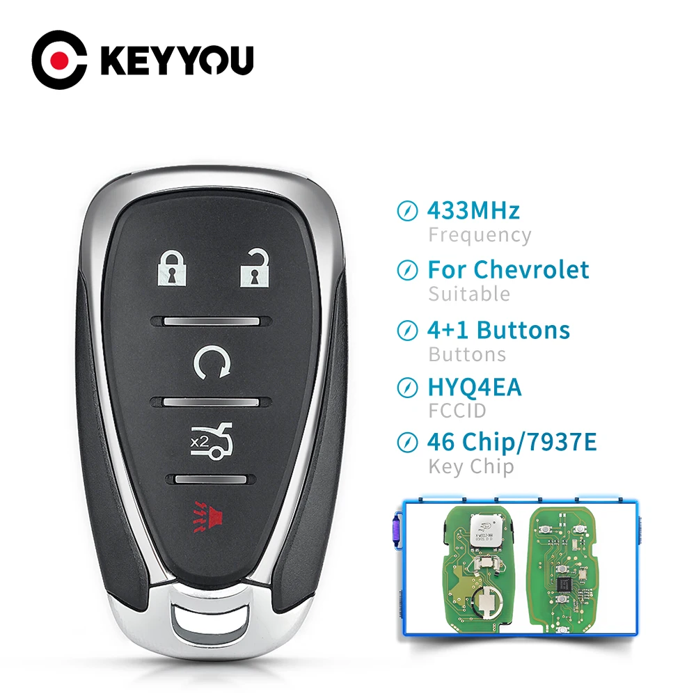 

KEYYOU Smart 5 Button Remote Car Key 433MHz ID46 Chip for Chevrolet Camaro Equinox Cruze Malibu Spark HYQ4EA with emergency key