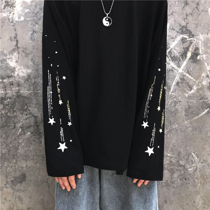 Woherb Harajuku Светоотражающая футболка для женщин и мужчин Уличная Повседневная Корейская футболки для пар топы с длинными рукавами принт Звезды футболки