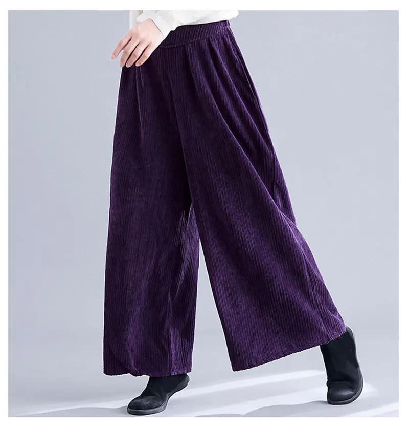 Mferlier Autumn New Corduroy Pants Women Solid Elastic High Waist Navy Blue Purple Brown Ladies Stylish Slim Wide Leg Pants