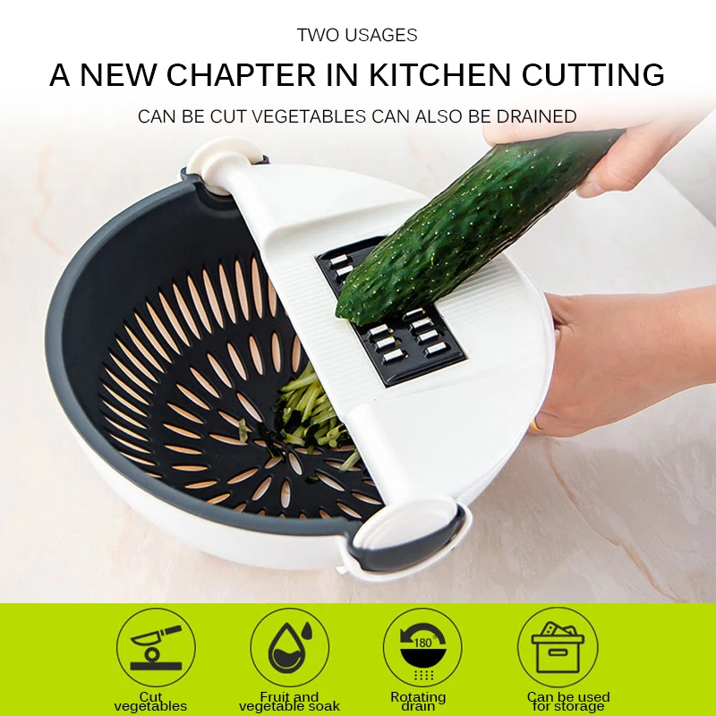 

Magic Rotate Vegetable Cutter With Drain Basket Multi-Functional Kitchen Veggie Fruit Shredder Grater Slicer With Rotate Basket