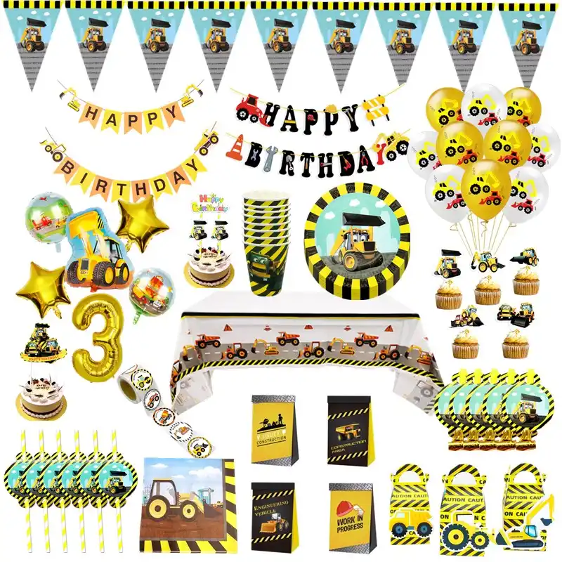 Pelleteuse De Ballons D Anniversaire Assiettes En Papier Serviettes Gateau Camion Banniere Construction Decor De Fete D Anniversaire Pour Enfants Fete Prenatale Aliexpress