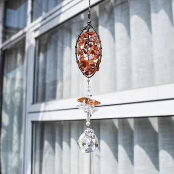 

H&D Tumbled Stone Suncatcher Leaf Shaped Healing Crystals Window Sun Catcher Ornament Rainbow Maker for Home Garden Decoration