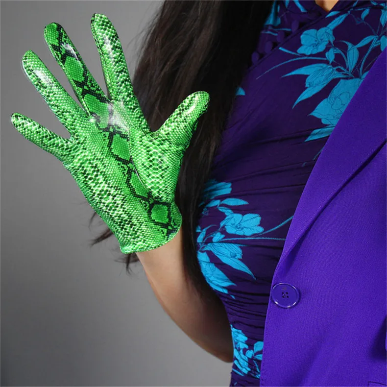 Snakeskin Short Gloves 21cm Patent Leather Emulation Leather PU Bright Leather Animal Python Green Snake pattern Female WPU105