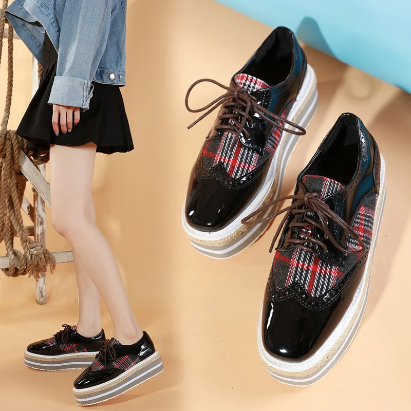 

Shoes Woman Lace Up Wedge Oxfords Platform Heels Sneakers Patchwork Square Toe Shoes Casual Thick Bottom Loafers Zapatos Mujer
