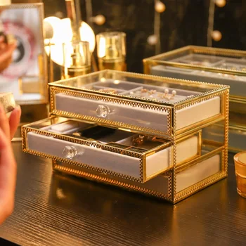 

Storage Boxes Copper-rimmed Glass Jewelry Storage Box Earrings Earrings Ring Necklace Finishing Box Frame Dust-proof Cloth