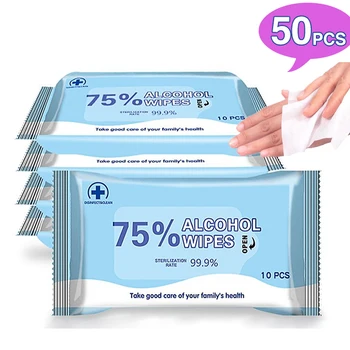 

Hot 50 PCS Disposable Alcohol Wipes Sterilization Portable Wipes Antibacterial Cleaning Skin Cleaning Care Alcohol Wet Wipes Pad