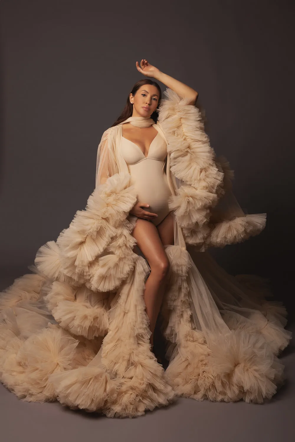 Maternity Babyshower Women Photo Robe Sexy V Neck Long Sleeves Ruffles Photo Shoot Bathrobe Pajamas Prom Bridesmaid Shawl
