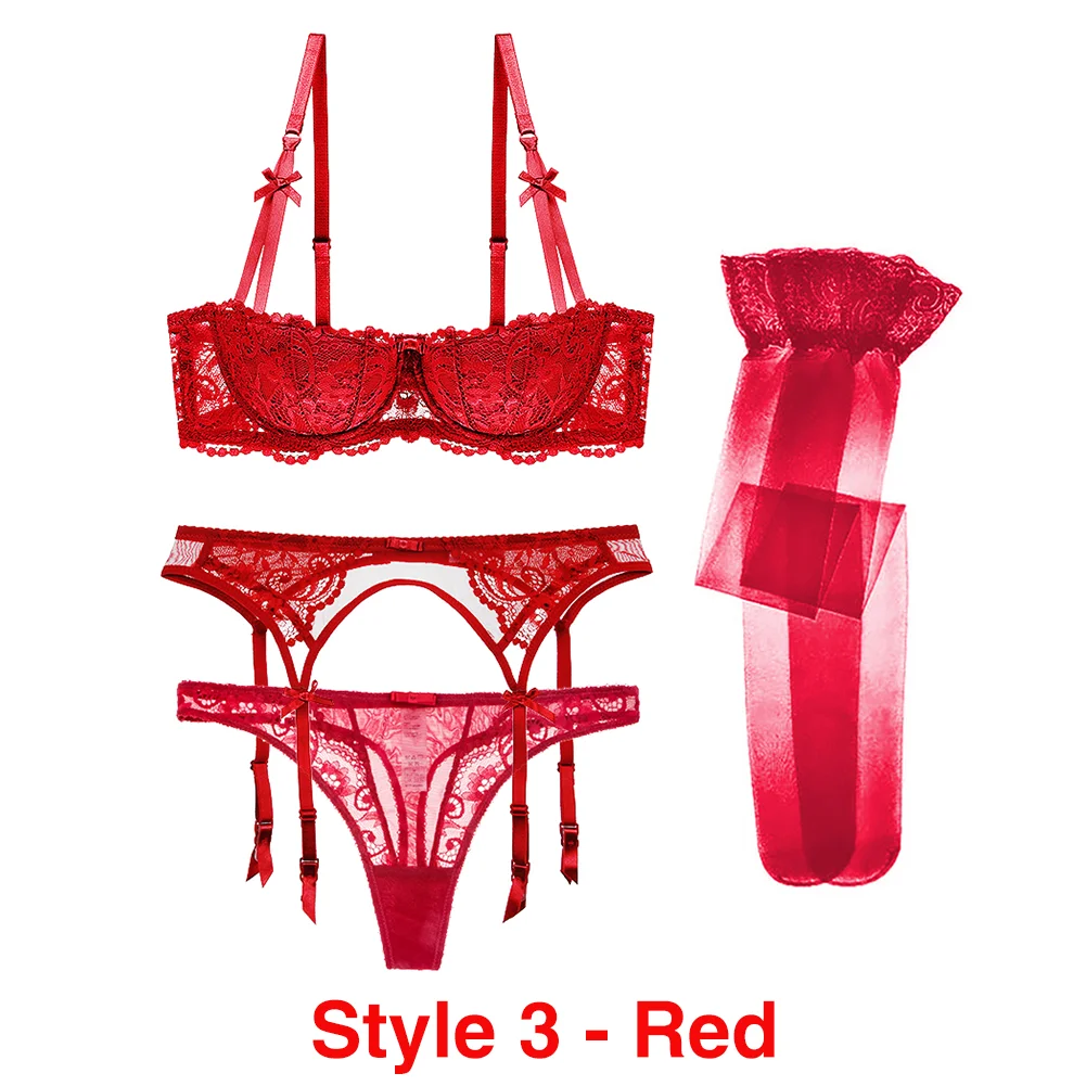 cute underwear sets Sexy lace thin cotton cup breast bra set (bra+panty+garter belt +stocking) 4pieces/lots Lingerie Set lace bra set