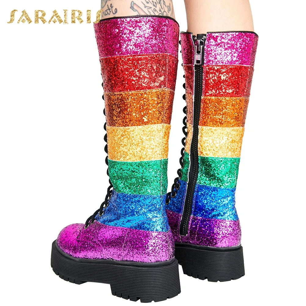 

Sarairis New Arrivals High Quality Chunky Heels Large Size 42 Mid Calf Boots Woman Shoes Mix Color Zip Up Shoes Women Boots