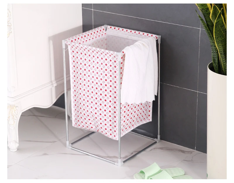 Non-woven Laundry Basket Wrought Iron Frame Assembled Waterproof Hamper Household Dirty Clothes Storage Bucket Multi-purpose Ham