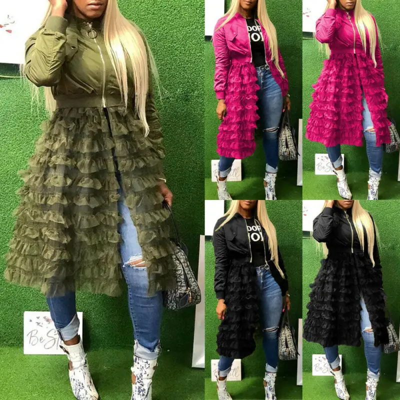 

New Style Patchwork Mesh Coats Zip Up Women Long Sleeve Casual Ruffled Mesh Sheer Patchwork Long Jacket Coat