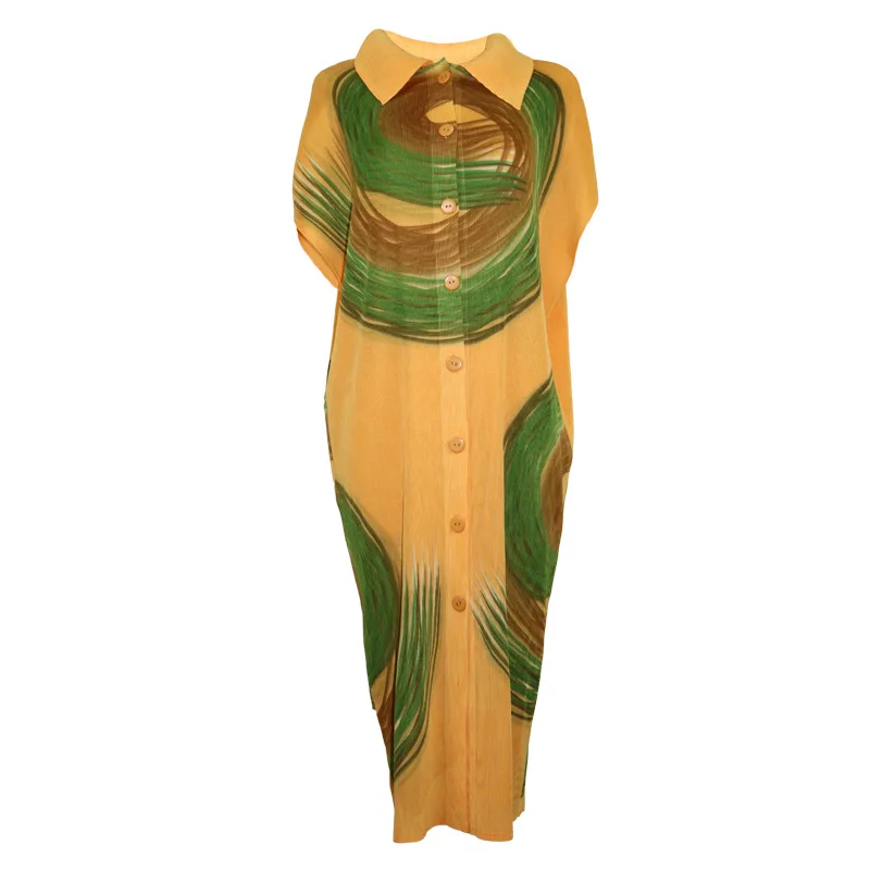 Plus Size Dress Summer Women Original Design Printed Turn Down Collar Batwing Sleeves Loose Elastic Miyake Pleated Dress