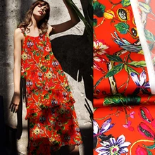 118 см шириной 19 мм растительный принт 93% шелк и 7% спандекс стрейч оранжевый красный шелк атласная ткань для летнего платья куртка D1080