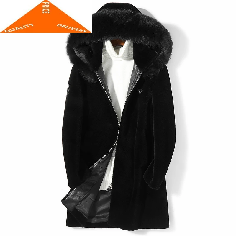 Мужская куртка из натуральной овечьей шерсти зимняя с капюшоном лисьего меха