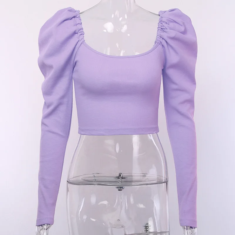 Модные однотонные женские осенние Рубашки, Блузки с рукавами-фонариками, квадратный воротник, тонкие пуловеры, классические женские рубашки с вырезом на животе