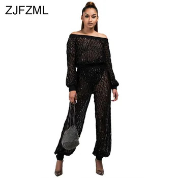

Sequin Transparent Two Piece Set Sweat Suits Women Slash Neck Lantern Sleeve T Shirt + Fishnet Wide Leg Pants Sexy Club Outfits