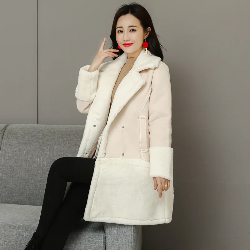 3818# Женская куртка средней длины в Корейском стиле, новая зимняя куртка из хлопка, замша, мех кролика, норка, толстая, свободная