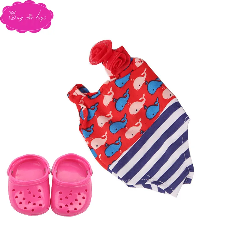 18 дюймовая кукла в купальнике для девочек, купальный костюм с мультяшным принтом+ шапочка с обувью, американские модельные игрушки для новорожденных, подходят 43 см, детские куклы, c137 - Цвет: Red